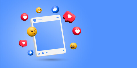 social media post mockup with heart like in 3d speech bubble icon. social media background digital marketing, social network post mock up template. vector like, comment, share, save, icon set