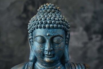 Closeup of a textured blue buddha statue with a peaceful expression, against a dark backdrop