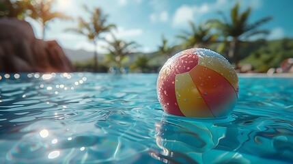  Summer holidays background with colorful beach ball floating on luxury swimming pool and copy space 