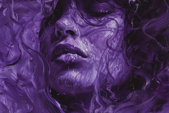 Ethereal and mysterious abstract purple fantasy portrait of a woman digital art with fluid texture and swirl pattern. Surreal design and vibrant color concept