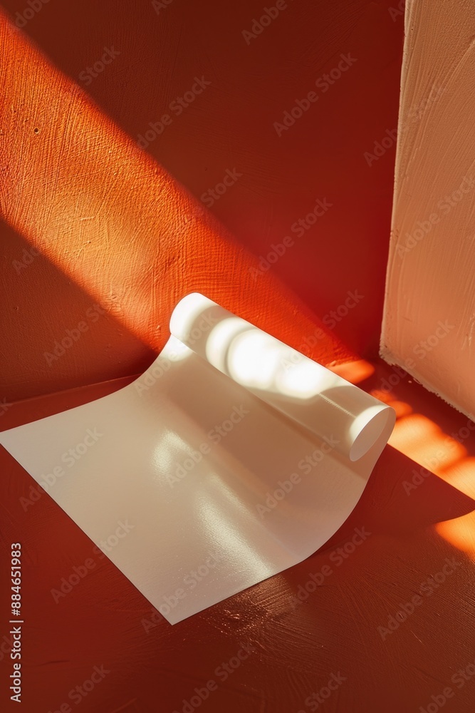 Poster A single roll of paper sitting on top of a wooden table, providing a simple and clean background for various uses
