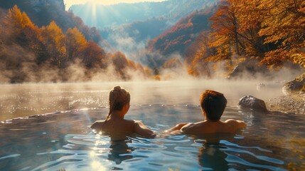 Lovely couple in hot spring spa pool in vacation house