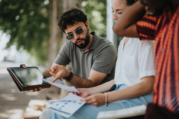 Team of professionals having an outdoor meeting discussing work with documents and tablet computer. Collaborative business discussion in a natural setting.