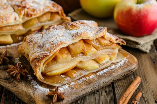 Freshly baked apple strudel dusted with powdered sugar, accompanied by cinnamon and apples