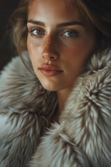 A woman wearing a luxurious fur coat looks directly at the camera