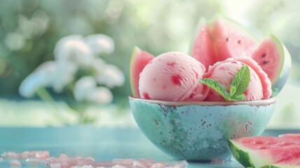 Ice cream with fresh sweet ripe watermelon closeup view