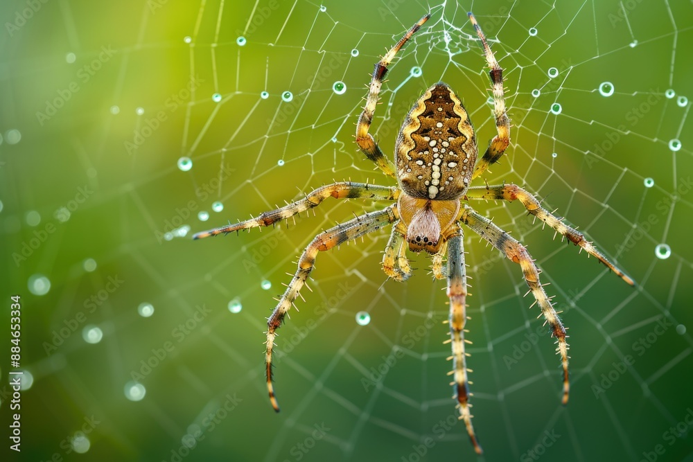 Poster a close-up view of a spider sitting on its web, waiting for prey