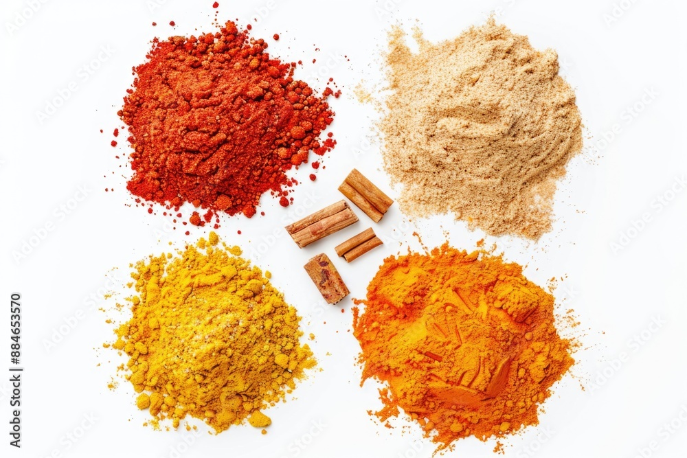 Poster a selection of various spices arranged on a clean white surface