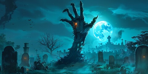 Obraz premium Zombie hand rises out of cemetery at night.