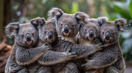 Obraz premium 5 koalas hugging each other in the forest