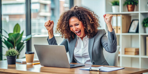 Successful Hispanic businesswoman with curly hair sitting in office, reading good news on laptop, celebrating victory with happy triumphant gesture, hand raised in excitement.