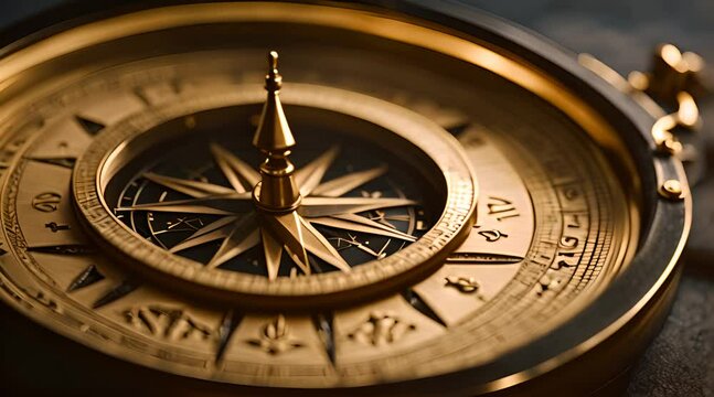 A compass made in ancient times with beautiful carvings, resting on a weathered wooden table