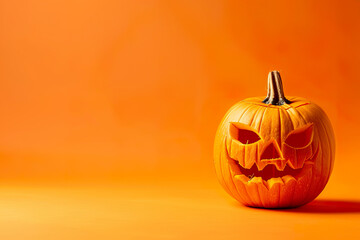 Illustration of a halloween scene with Jack-o'-lantern on orange background. Orange background with carved pumpkin as a Halloween decoration.