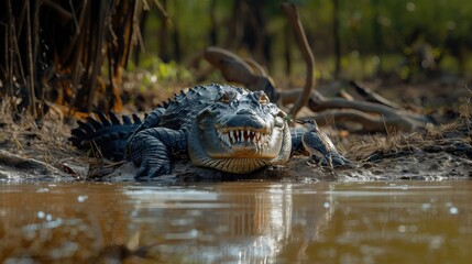 Fototapeta premium Alligator and a bird by the river