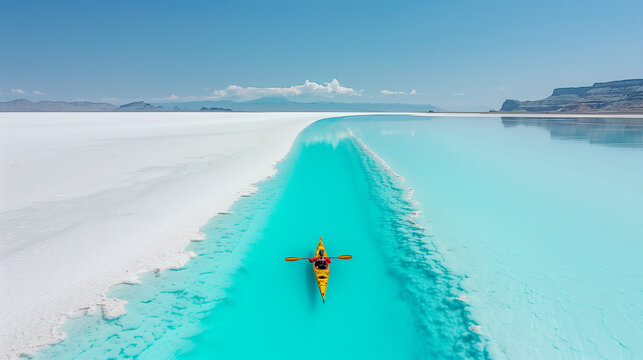 Kayaking down Salt Flats in Utah, blue and clear slat flat lake, clear bright blue sky background for adventure travel