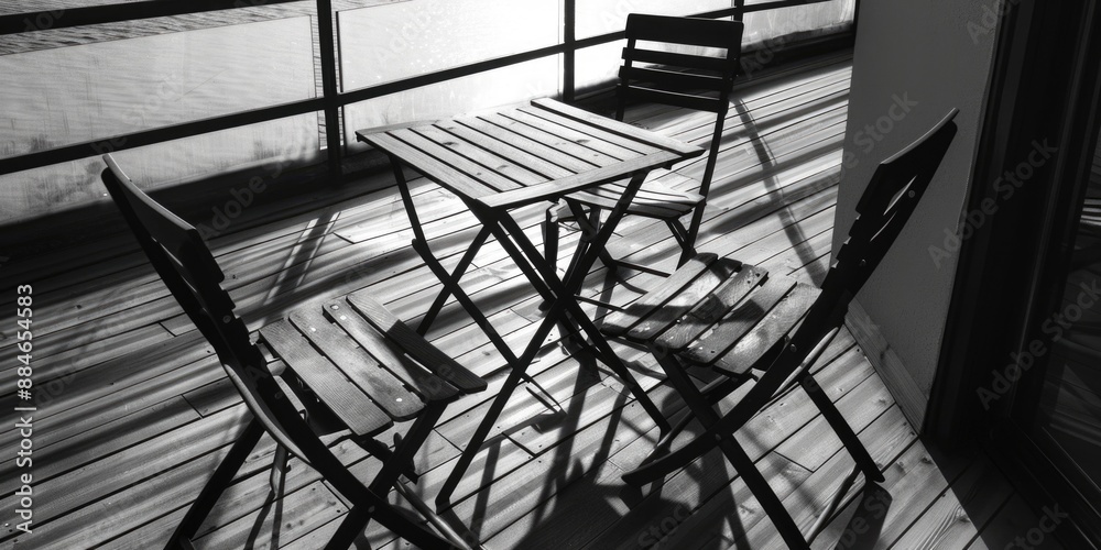 Poster A classic table setting with chairs in a simple black and white color scheme, great for minimalist designs or vintage inspired projects