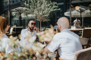 Young business entrepreneurs sitting outdoors brainstorming and collaborating on a project,...