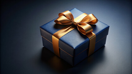 Obraz premium Luxurious dark blue gift box adorned with elegant gold ribbon, isolated on dark background, perfect for holiday, birthday or special occasion greeting card designs.