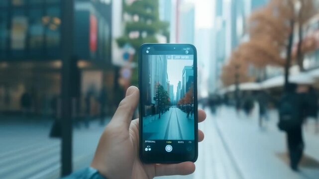 A person holds up a smartphone to capture a city street scene on an autumn day. The photo features bustling pedestrians, tall buildings, and trees with fall foliage. The mood is lively and dynamic.