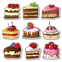 Collection sticker of cake, white background, vector illustration