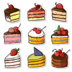 Collection sticker of cake, white background, vector illustration