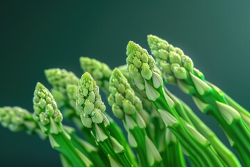 A close-up shot of a bunch of green asparagus, with individual stems visible