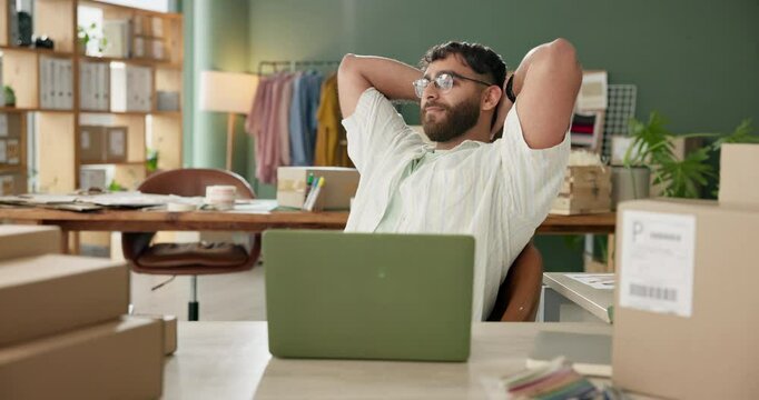 Man, relax and creative small business with laptop in office, start up and happy employee for online customer order. Boxes, stock and distribution email for ecommerce, professional and smile