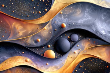 Obraz premium A quirky, otherworldly little landscape with waves or maybe hills and lots of orbs in finely patterned orange and blue