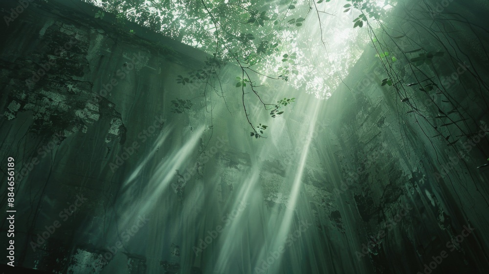 Poster A serene scene of sunlight shining through tree branches in a forest environment, perfect for use as a background or to represent nature and tranquility