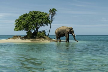 Naklejka premium Elephant stands serenely on a sandy beach with lush green foliage under clear blue skies