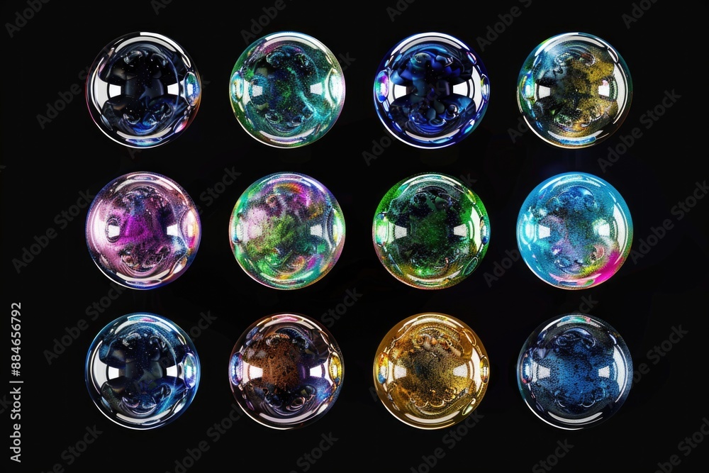 Poster a collection of vibrant glass orbs on a dark background, perfect for highlighting technology or scie