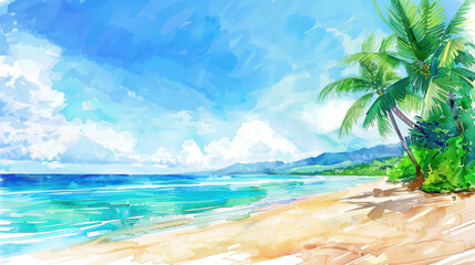 Obraz premium A watercolor painting of a tropical beach, clear blue-green water, soft sandy beach, tropical palm trees, clear blue sky