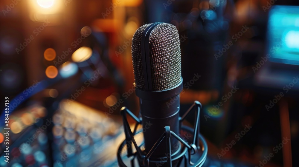 Poster a microphone in a recording studio setup with a laptop in the background, ideal for music production