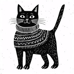Simple Black & White Linocut Stamp of a Alert Happy Cat in a Knitted Patterned Turtleneck Cowl Ready for Cozy Times