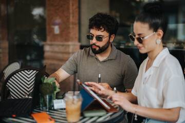 Collaborative business partners strategizing, planning, and analyzing new project statistics while sitting in a modern coffee shop.