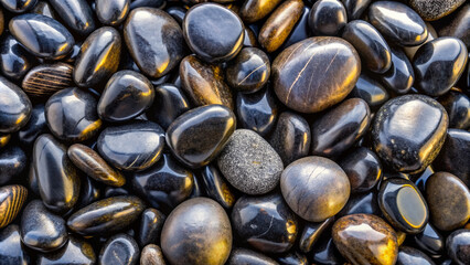 Natural abstract background featuring a close-up arrangement of polished black pebbles or smooth rocks forming a harmonious texture and pattern on a plain surface.