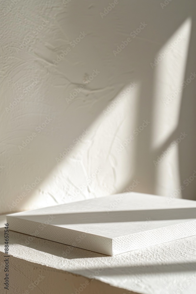 Aufkleber a closed white book sits on a white table, providing a clean and minimalistic background for various