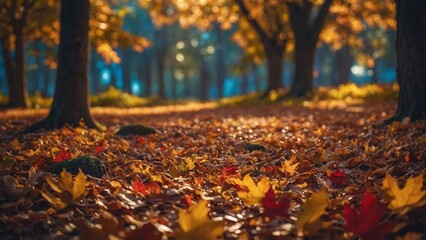 Autumn landscape nature scene with fall tree leaves in autumnal colors