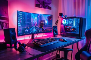 Modern Gaming Setup With Vibrant Pink and Blue Lighting