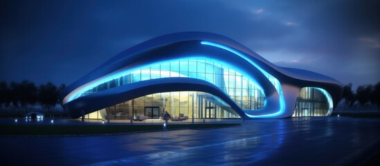 Naklejka premium Futuristic Building With Blue Lighting at Night