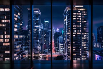Modern City Skyscraper Architecture: Urban Business Skyline View from Glass Window with Night Lights, Office Districts, Cityscape, Downtown Office Towers, Urban Architecture, and Business Landmarks.