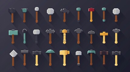 An extensive assortment of illustrated hammers, displayed on a dark background, representing different types and styles of hammers used for various tasks in multiple professions.