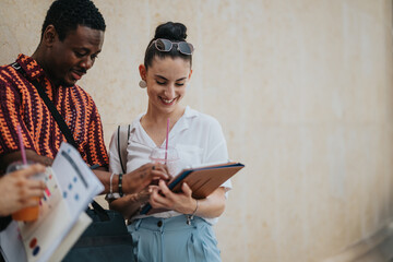 Business colleagues collaborating in an urban city environment, smiling and reviewing work on a tablet together.