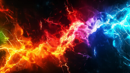 Fototapeta premium fantastic plasma flames, abstract lightning and fire pattern, colorful lights in dark space. Design for Wall Art, Poster Print, Wallpaper & Background