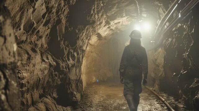 A miner in uniform walks through an illuminated underground tunnel. The individual seems to be wearing a helmet and sturdy boots. The scene suggests early morning or late evening, creating a somber
