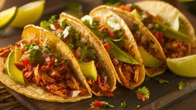 A heaping plate of BBQ jackfruit tacos dressed with fresh salsa and avocado slices.