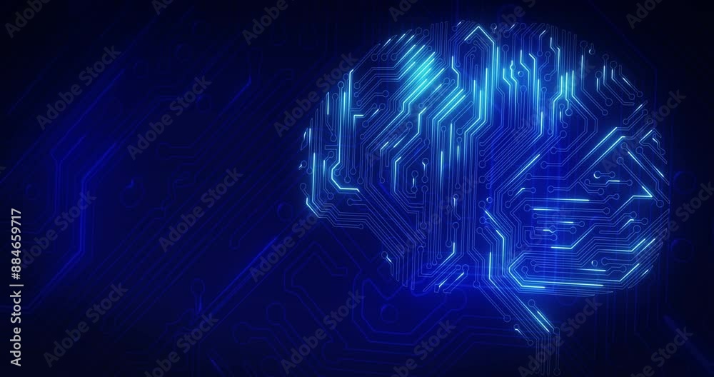 Poster Circuit, digital brain and technology for ai, artificial intelligence or big data on black background. Neural network, information and neon on machine learning cpu for future electric cyber computer