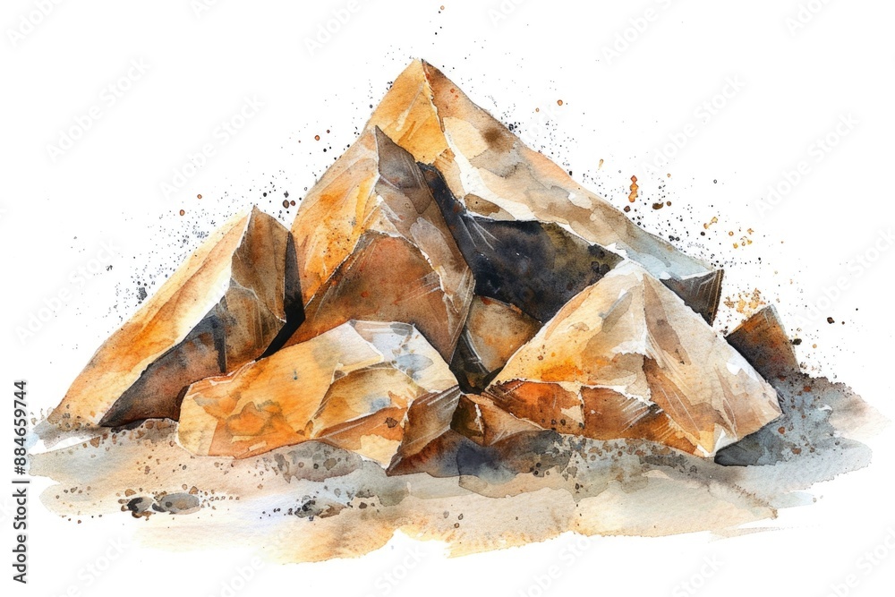 Poster a watercolor painting of a pile of rocks, suitable for use in design and art projects