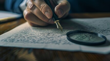 An individual writes with a classic fountain pen on a manually written detailed manuscript, emphasizing the elegance and meticulous nature of the written work and focused effort.