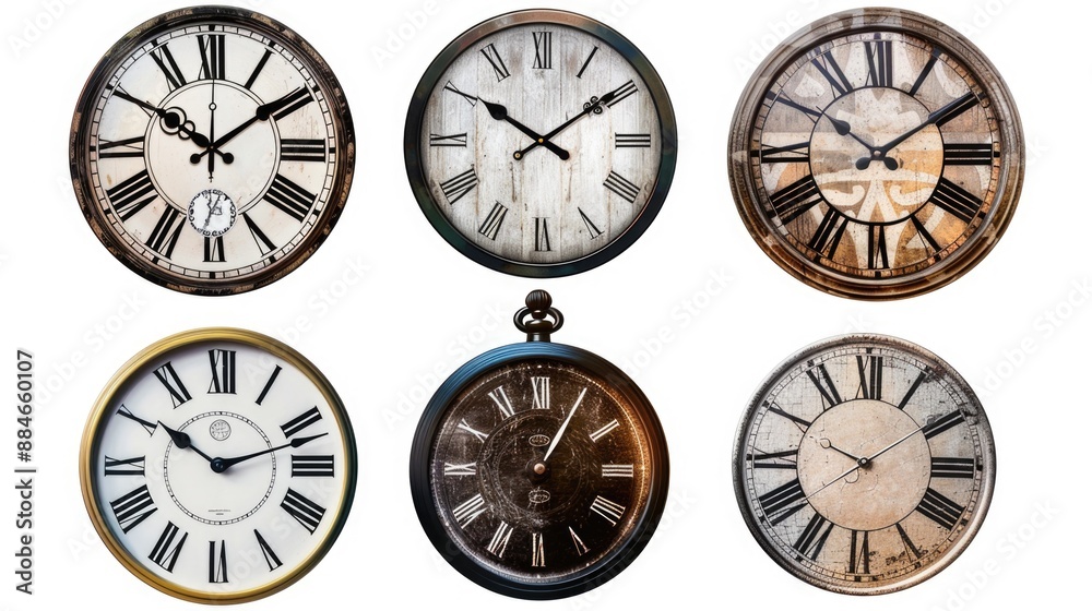 Poster a collection of four clocks with roman numeral displays